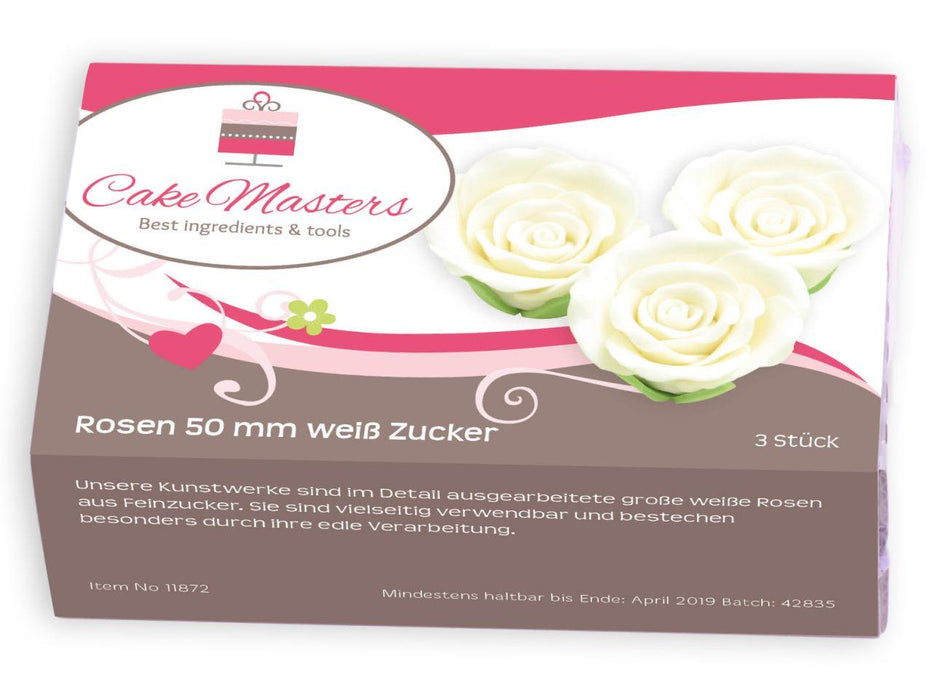 Marzipan Rosen 50mm weiß, 3 Stück - Tortendekoshop