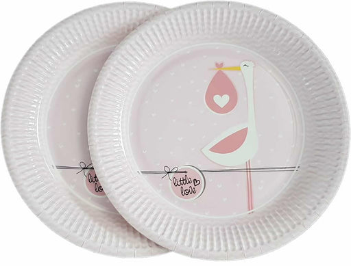Rosa Storch mit Baby Party Pappteller - Tortendekoshop