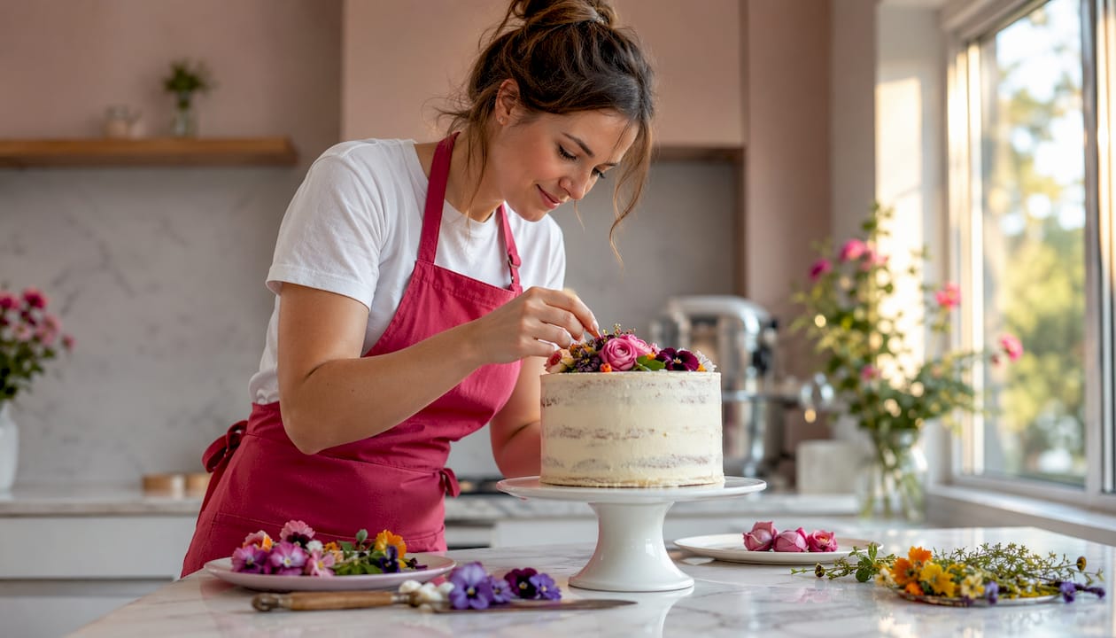 Eine Konditorin verziert eine Torte liebevoll mit essbaren Blüten.