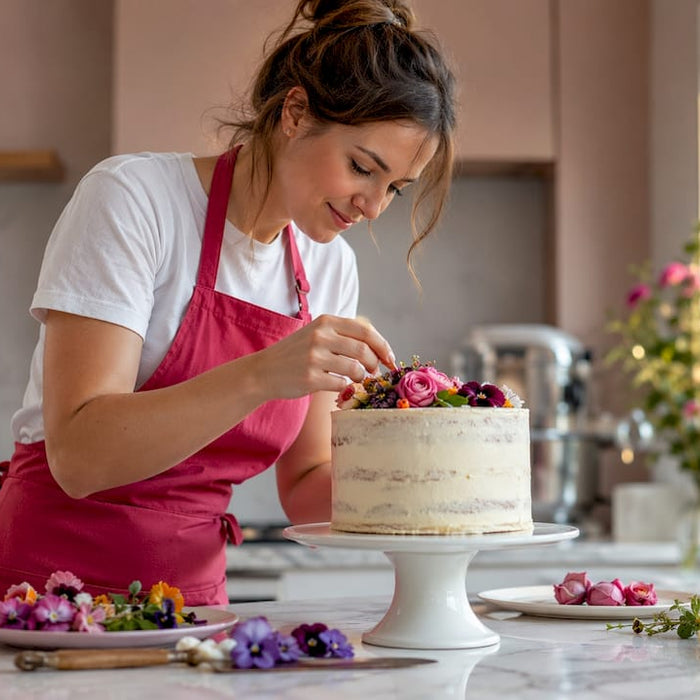 Eine Konditorin verziert eine Torte liebevoll mit essbaren Blüten.