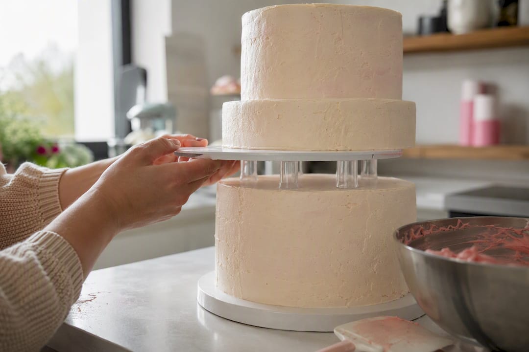 Dreistöckige Torte mit sichtbaren Plastikstützen unter der Tortenplatte