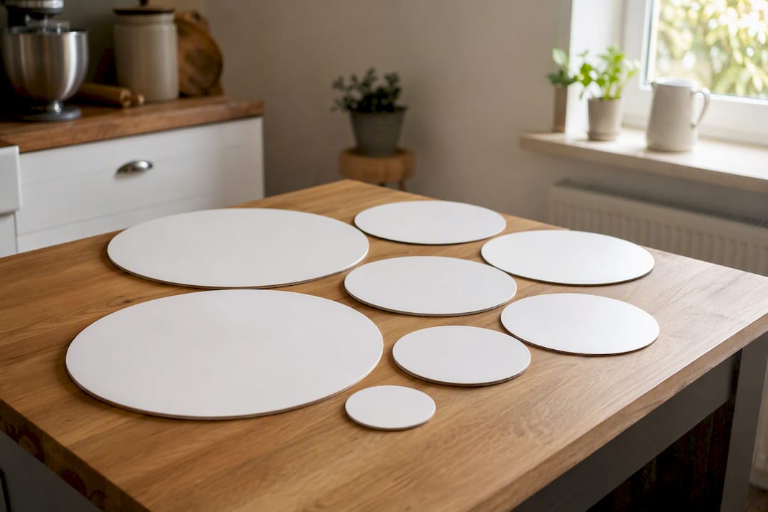 Mehrere runde Tortenplatten auf einem Tisch