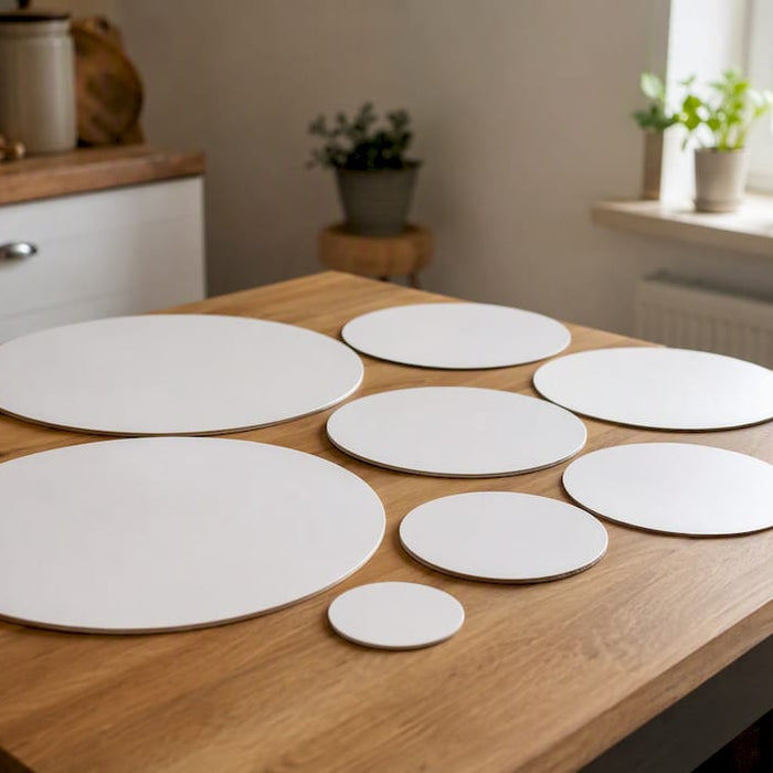 Mehrere runde Tortenplatten auf einem Tisch