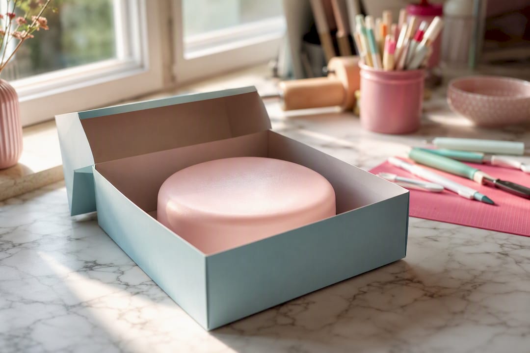 Fondanttorte in einem Karton aufbewahrt