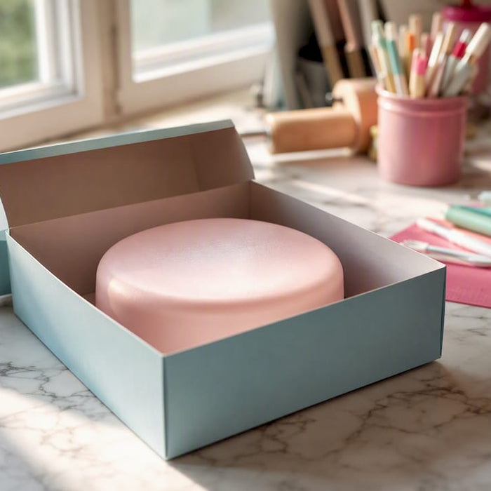 Fondanttorte in einem Karton aufbewahrt