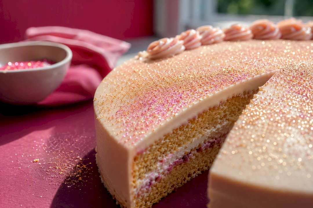 Essbarer Glitzer funkelt auf der Oberfläche der Torte
