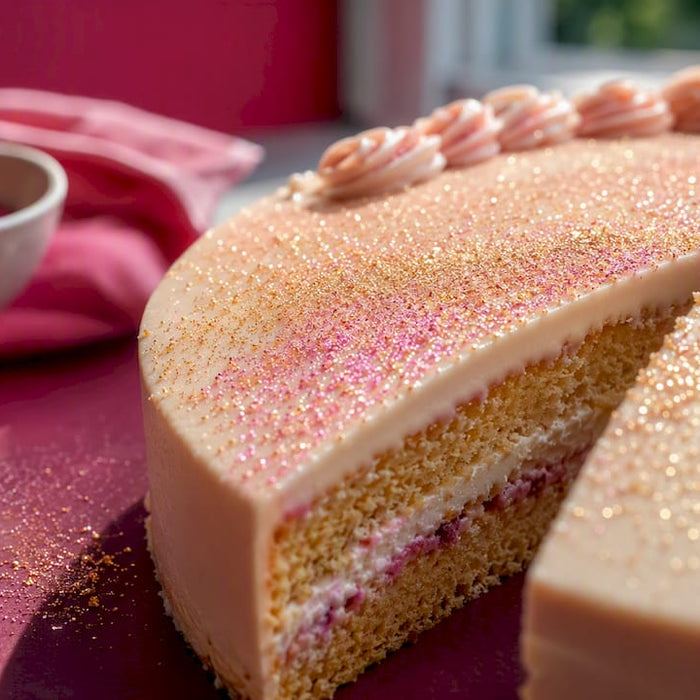 Essbarer Glitzer funkelt auf der Oberfläche der Torte
