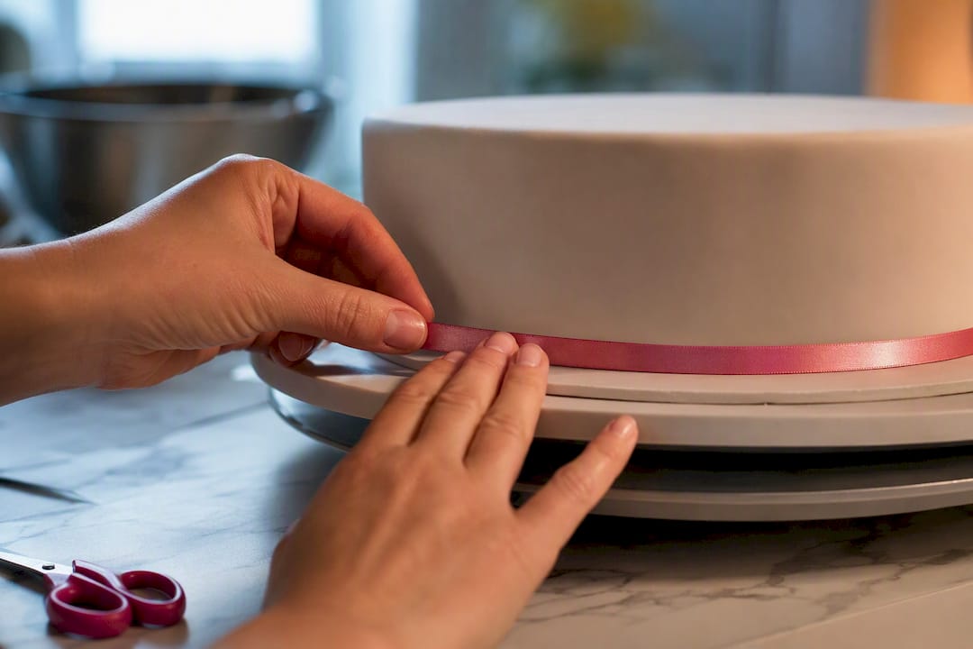 Hände befestigen ein Satinband am Rand der Fondant-Torte