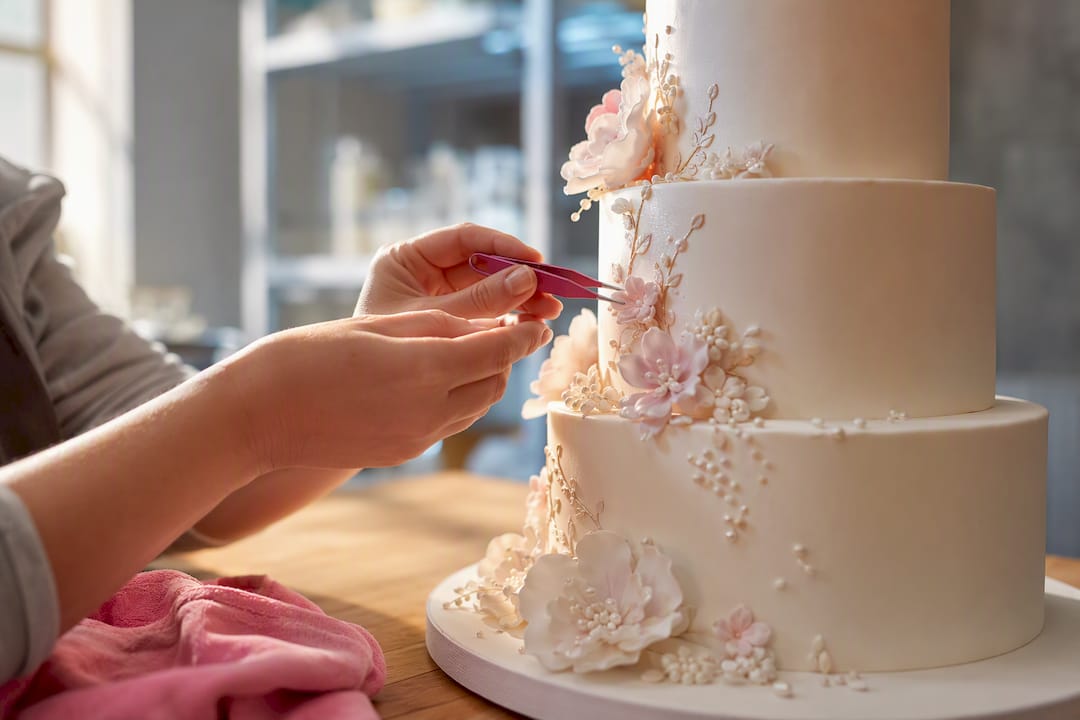 Hände verzieren eine mehrstöckige Hochzeitstorte