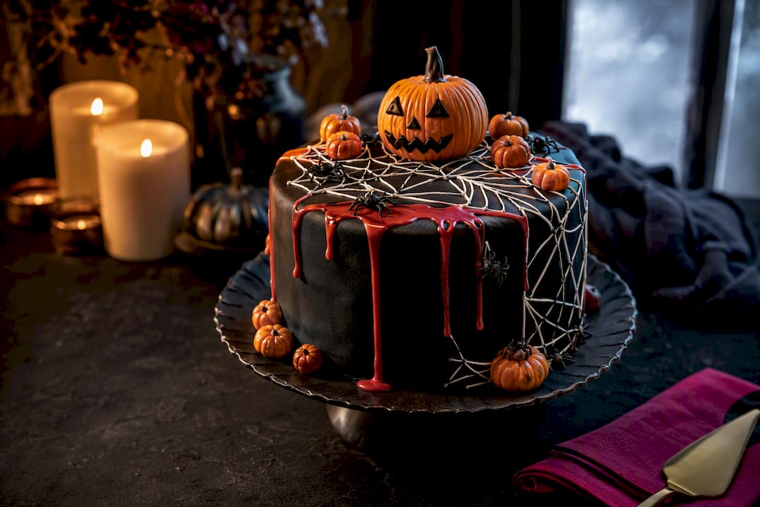 Halloweentorte mit Kürbis- und Spinnennetz als Verzierung