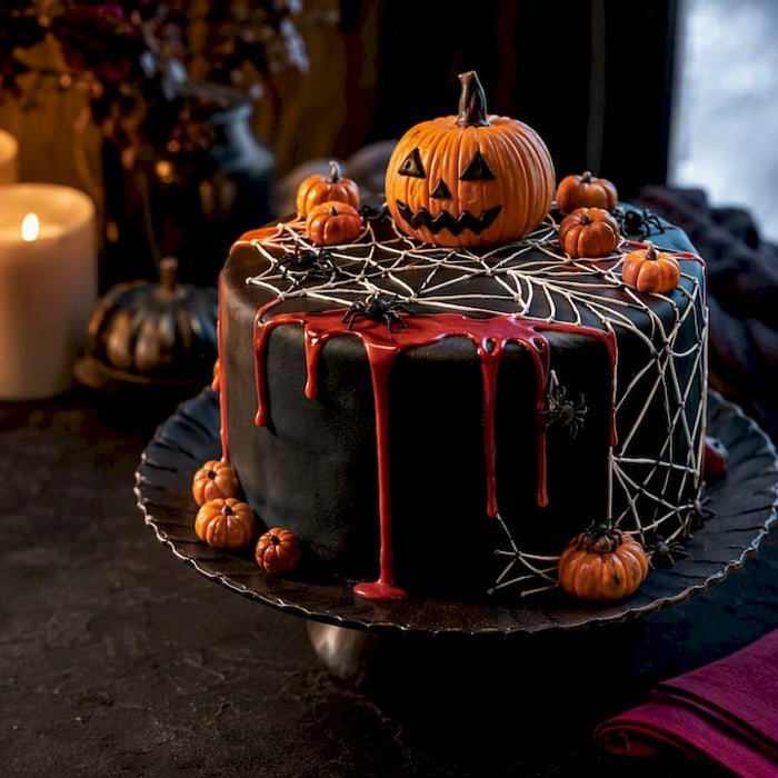 Halloweentorte mit Kürbis- und Spinnennetz als Verzierung