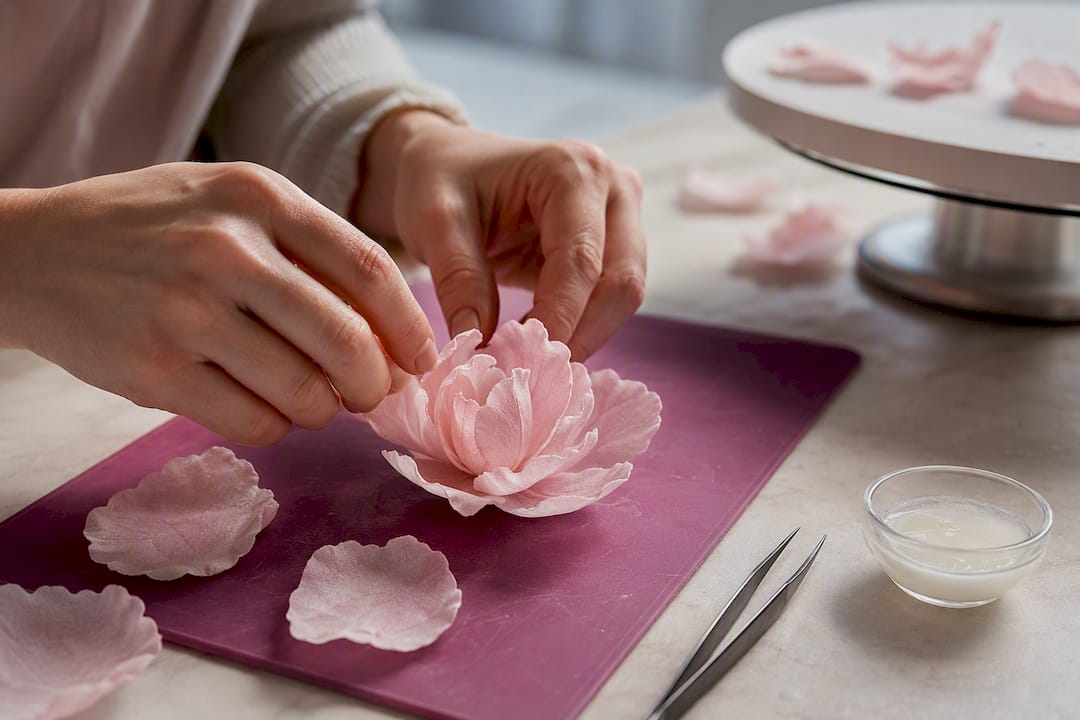 Hände formen eine filigrane Blüte aus Waffelpapier