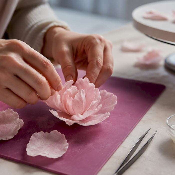 Hände formen eine filigrane Blüte aus Waffelpapier