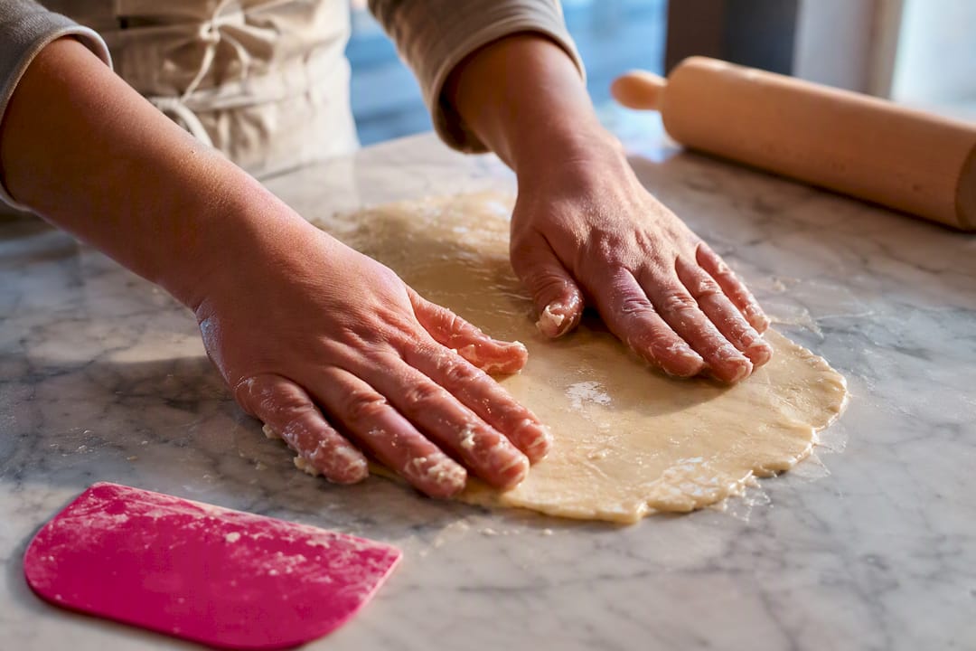 Die Hände kneten den klebrigen, weichen Fondant.