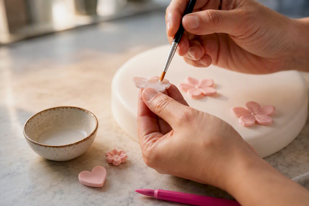 Mit dem Pinsel essbaren Kleber auf Fondant auftragen