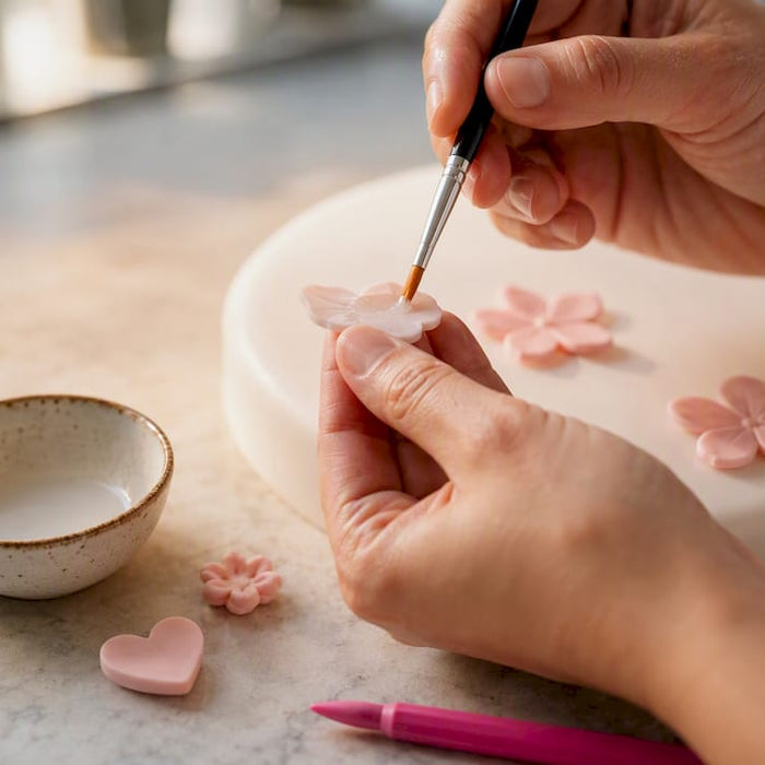 Mit dem Pinsel essbaren Kleber auf Fondant auftragen