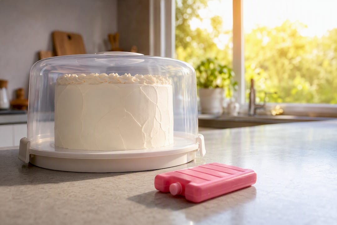 Torte in geschlossener Box vor sonnigem Fenster