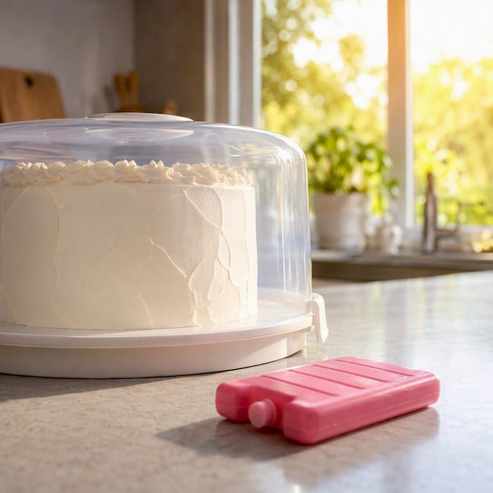 Torte in geschlossener Box vor sonnigem Fenster