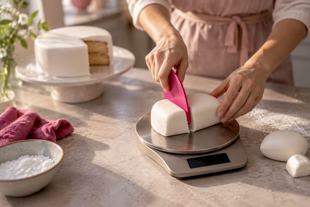 Fondant wird direkt neben der Torte abgewogen.