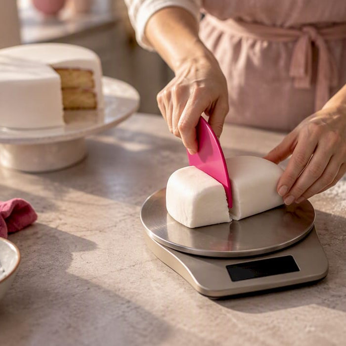 Fondant wird direkt neben der Torte abgewogen.