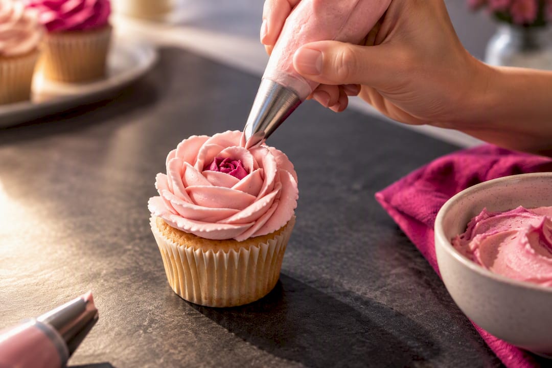 Hand spritzt eine Rose aus Buttercreme