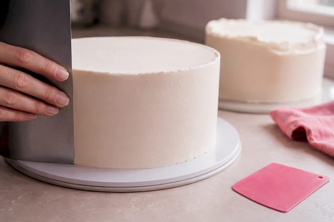 Hand streicht Creme auf eine Torte