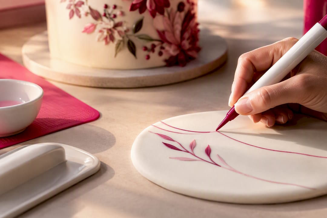 Hand zieht feine Linien auf Fondant