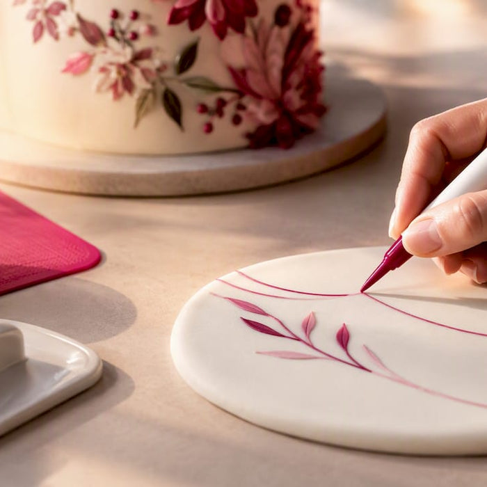 Hand zieht feine Linien auf Fondant