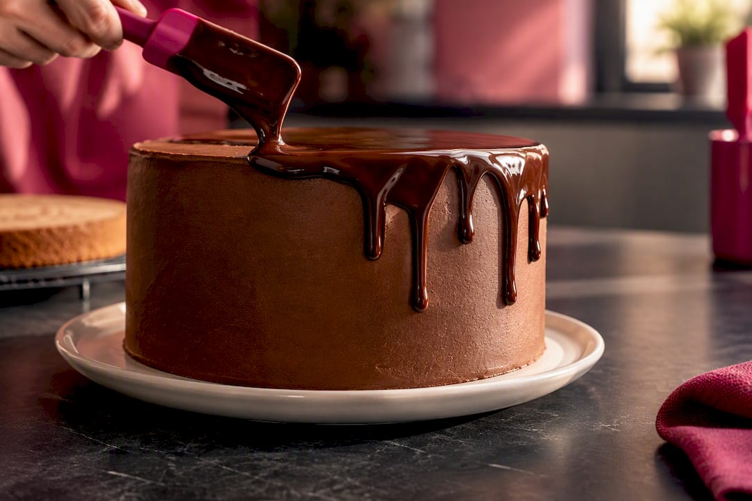 Glänzende Schokoladenglasur läuft die Torte am Rand hinunter