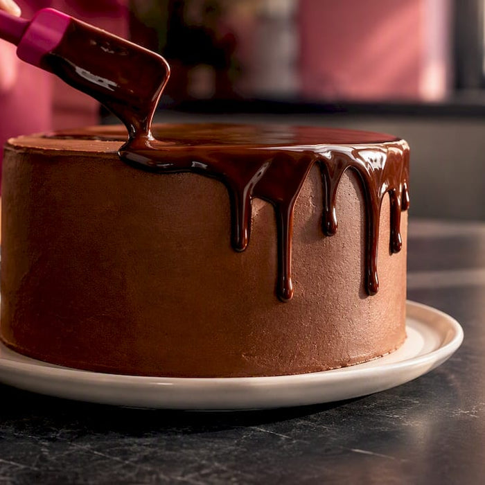 Glänzende Schokoladenglasur läuft die Torte am Rand hinunter