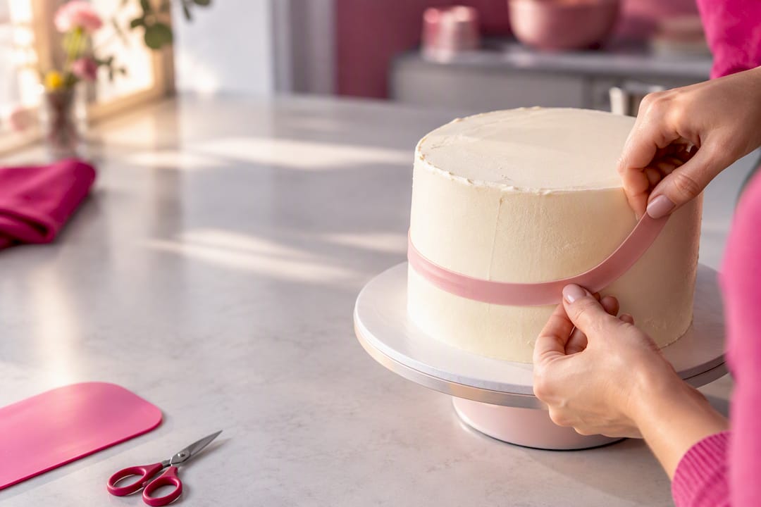 Mit den Händen das Tortenband am Rand der Torte anbringen