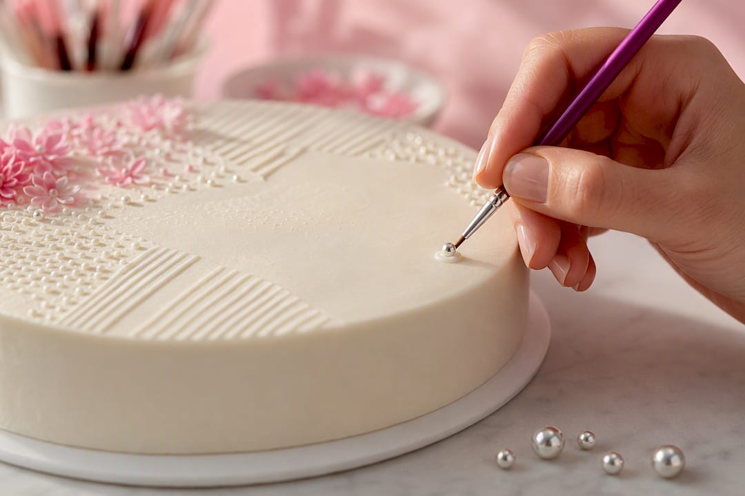 Die Zuckerperle wird mit einem Pinsel befestigt