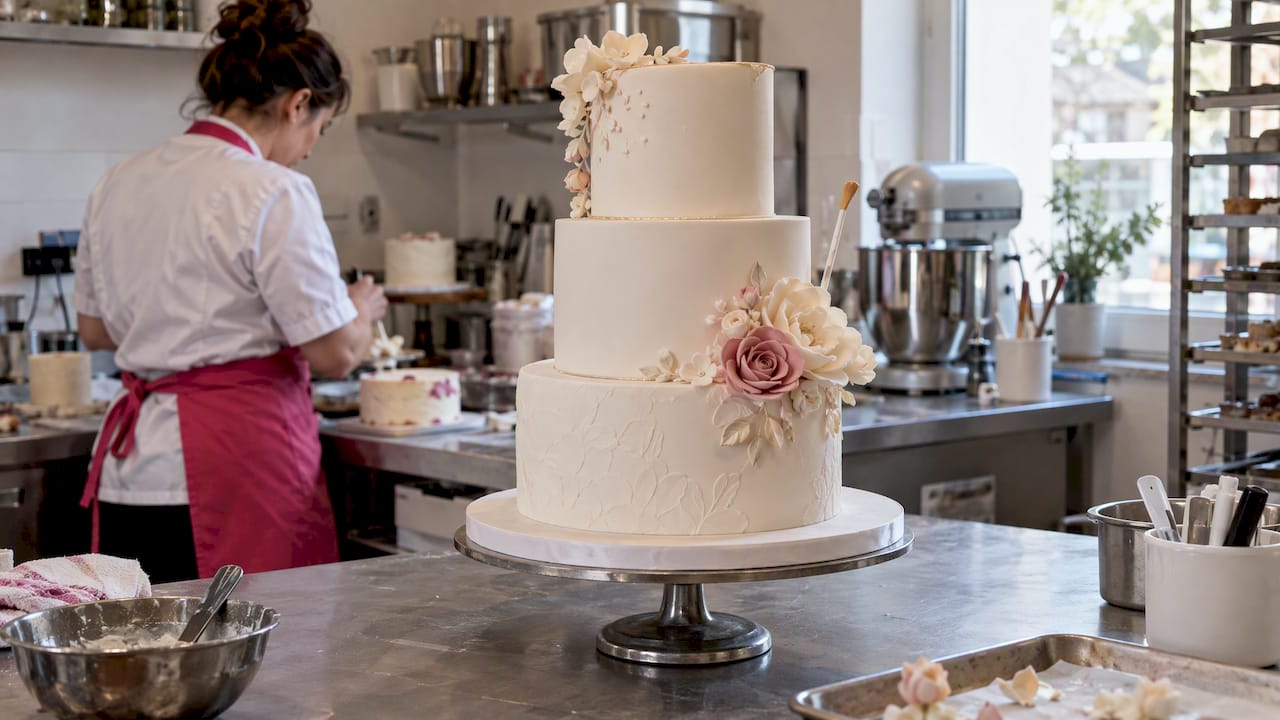 Moderne Hochzeitstorte mit Blumenverzierung