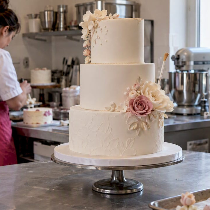 Moderne Hochzeitstorte mit Blumenverzierung