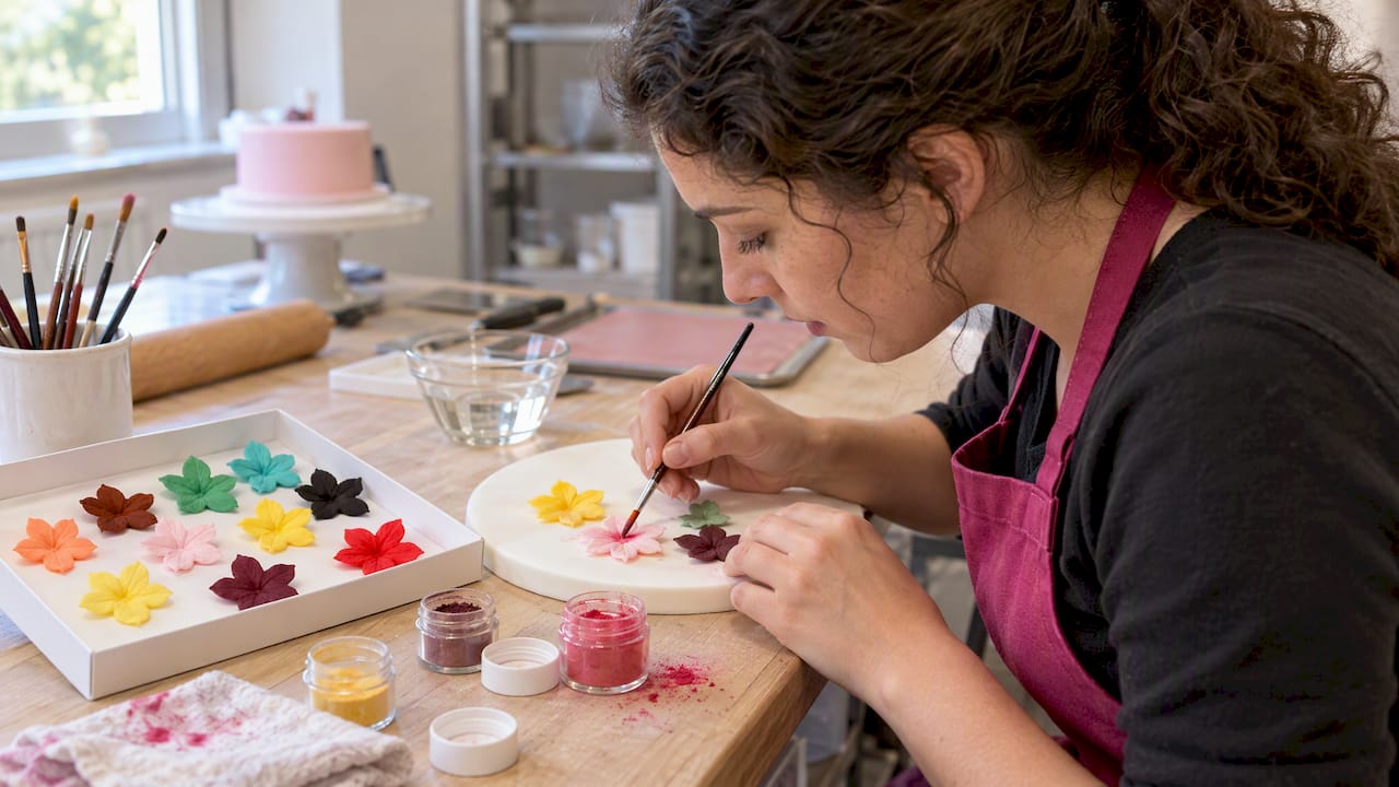 Puderfarbe wird sorgfältig auf den Fondant aufgetragen