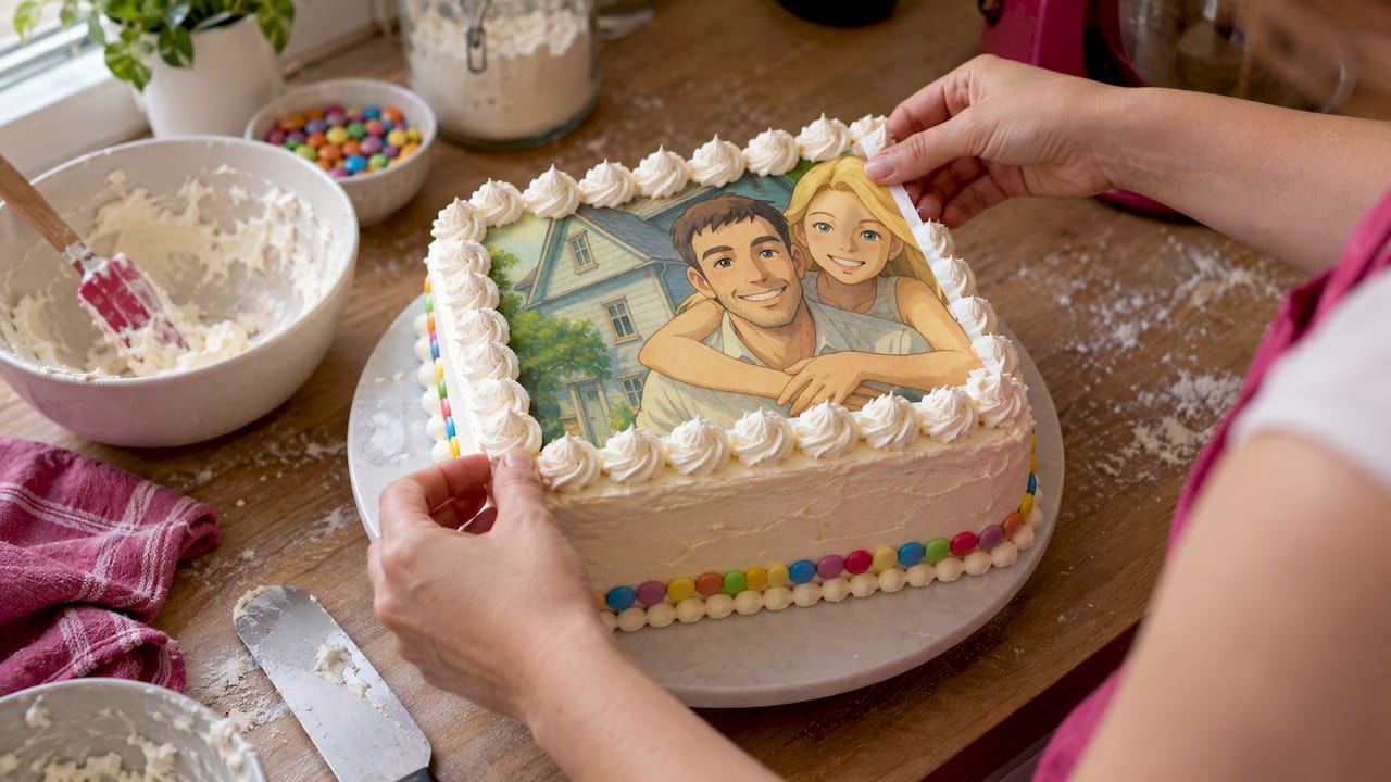 Essbare Tortenaufleger auf einer Torte anbringen