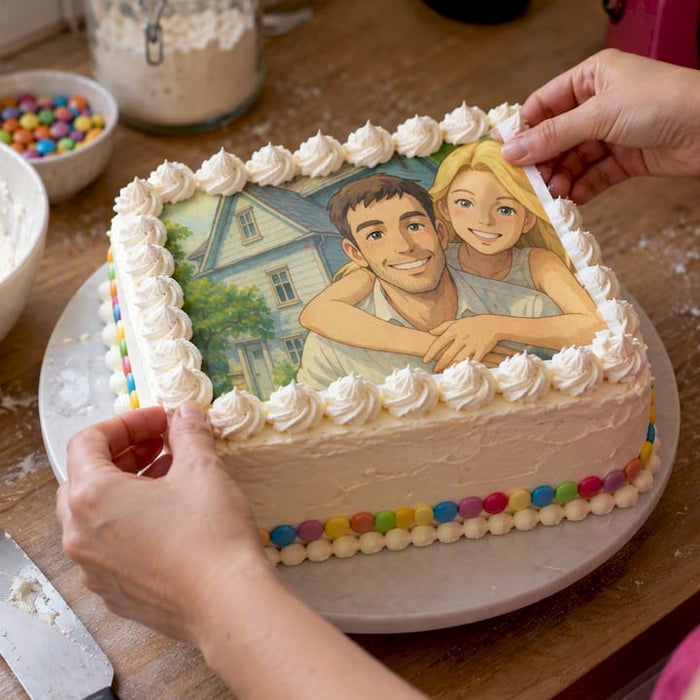 Essbare Tortenaufleger auf einer Torte anbringen
