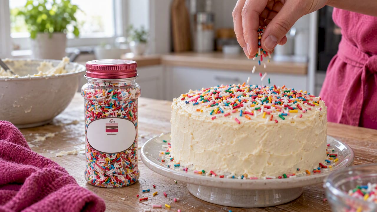 Bunte Zuckerstreusel neben einer dekorierten Tortenoberfläche