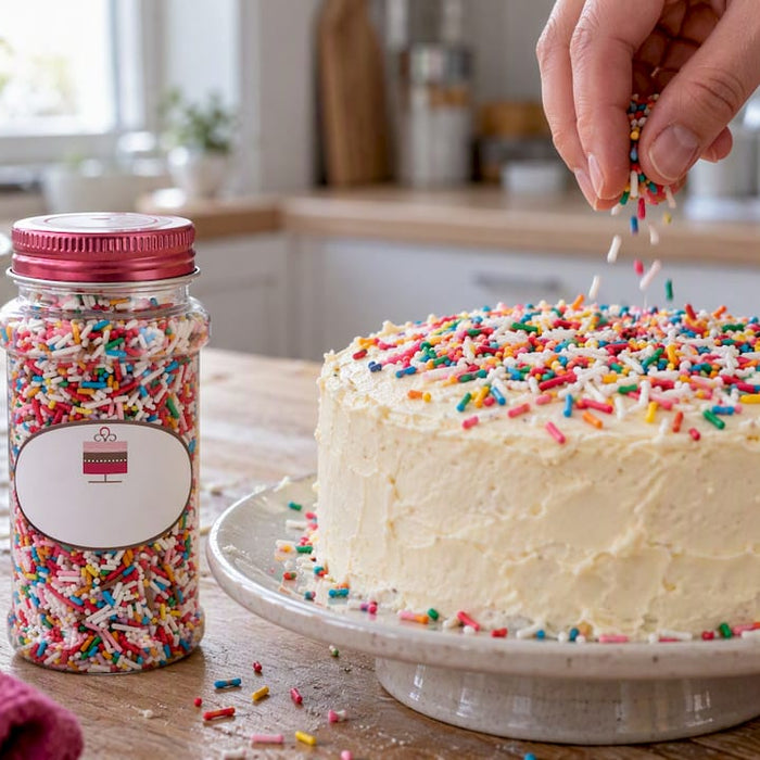 Bunte Zuckerstreusel neben einer dekorierten Tortenoberfläche