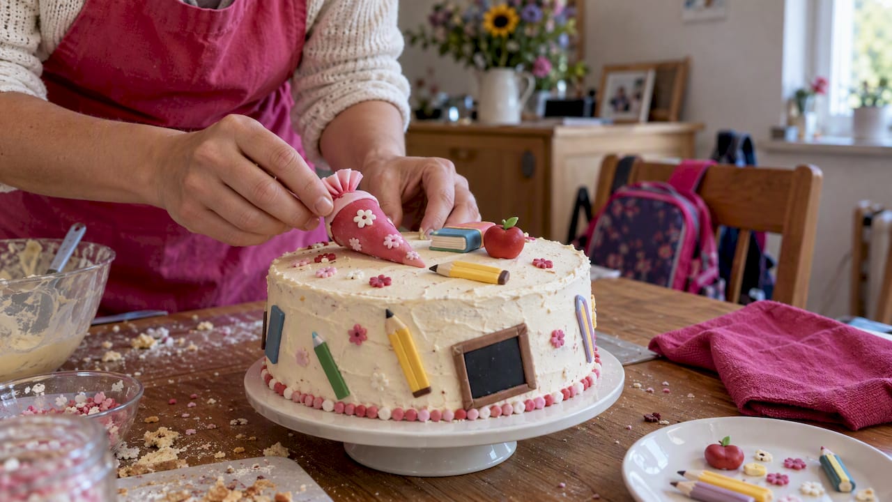 Einschulungstorte mit handgefertigten Fondantmotiven