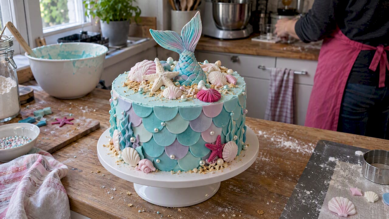 Meerjungfrauen-Torte mit Fondantflosse und Muscheln