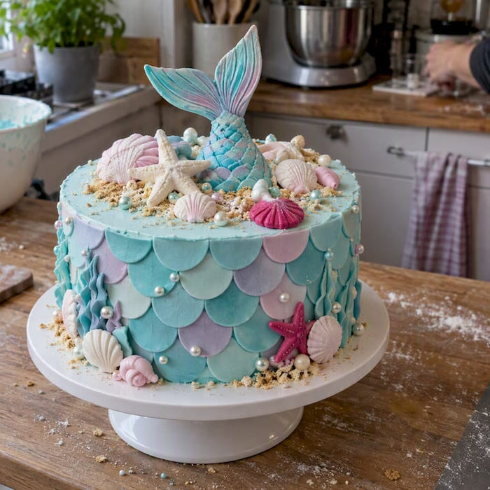 Meerjungfrauen-Torte mit Fondantflosse und Muscheln