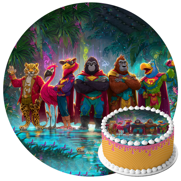 Superhelden Tierteam, Comic Stil, Dschungel Thema, Runde Tortenaufleger - 400.0 G