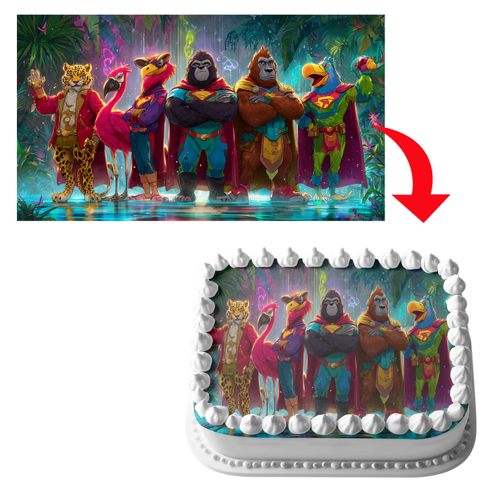 Superhelden Tierteam, Comic Stil, Dschungel Thema, Rechteckig Tortenaufleger - 200.0 G
