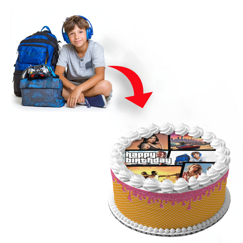 GTA Theft Auto – essbare Geburtstag Deko mit eigenem Foto, Runde Tortenaufleger - 400.0 G