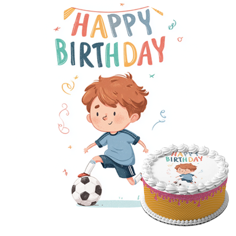 Fußballjunge, Happy Birthday Motiv, Kindergeburtstag, Runde Tortenaufleger - 400.0 G
