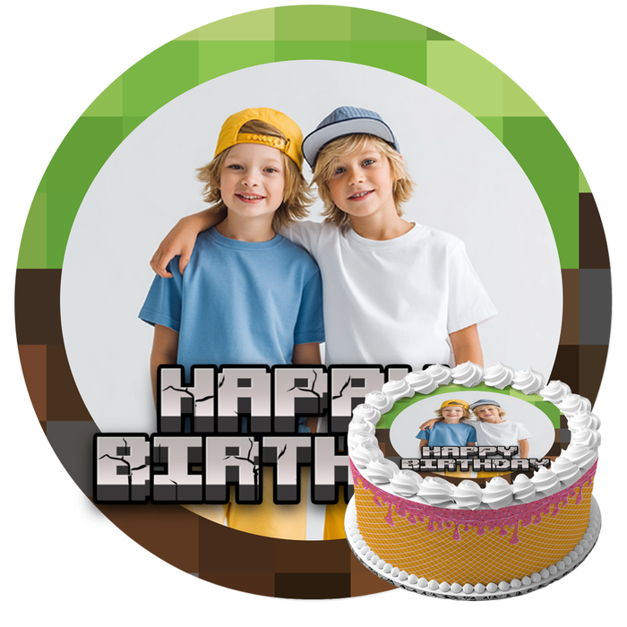 Minecraft Happy Birthday – Essbares Zuckerbild mit Foto, Runde Tortenaufleger - 400.0 G