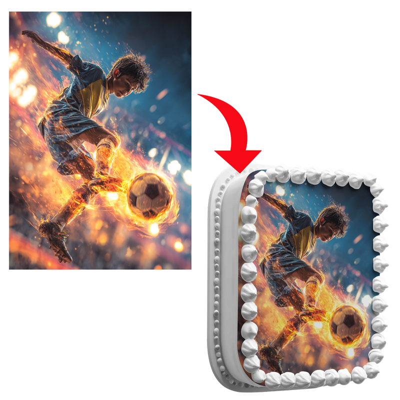 Feuerball-Fußball, Stadionlicht, Action-Motiv, Kindergeburtstag, Rechteckig Tortenaufleger - 200.0 G