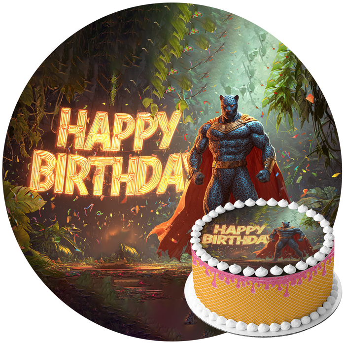 Superhelden Panther, Comic Stil, Happy Birthday, Runde Tortenaufleger - 400.0 G
