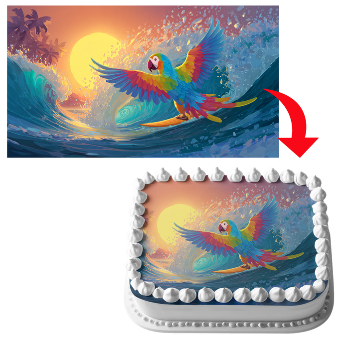 Surf Papagei, Sommer Thema, Sonnenuntergang Stil, Rechteckig Tortenaufleger - 200.0 G